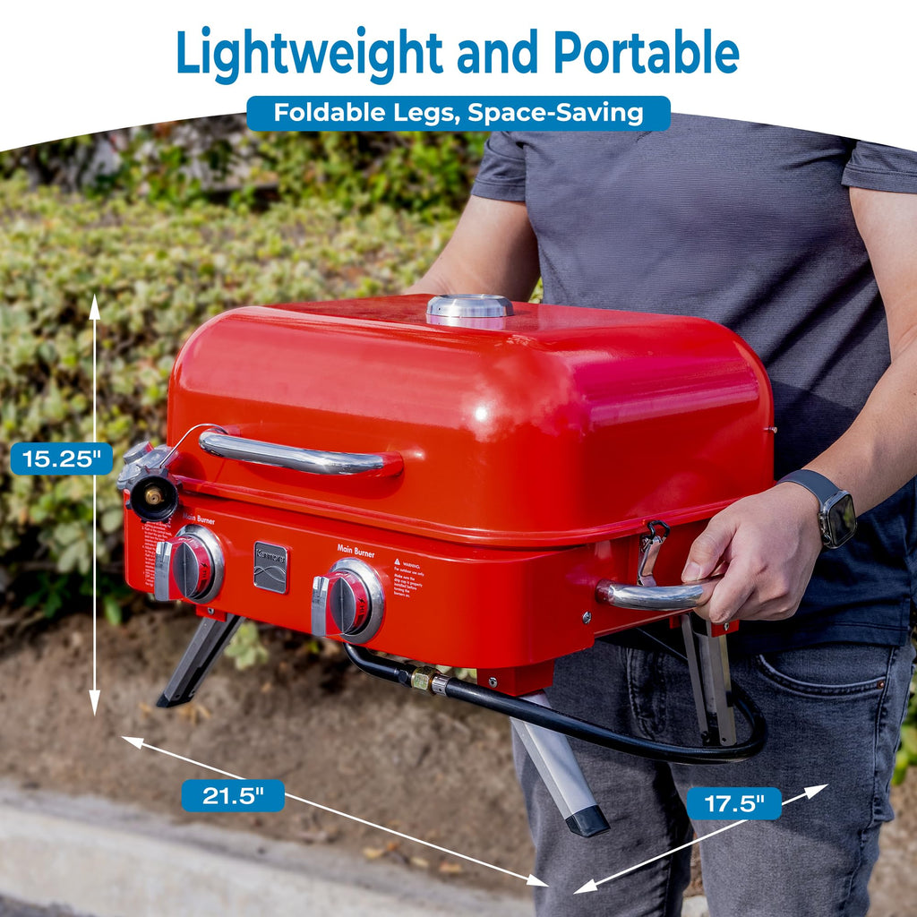 Portable Propane Gas Grill with Warming Rack, 2 Stainless Steel Burners, 14,000 BTUs, Red M3188