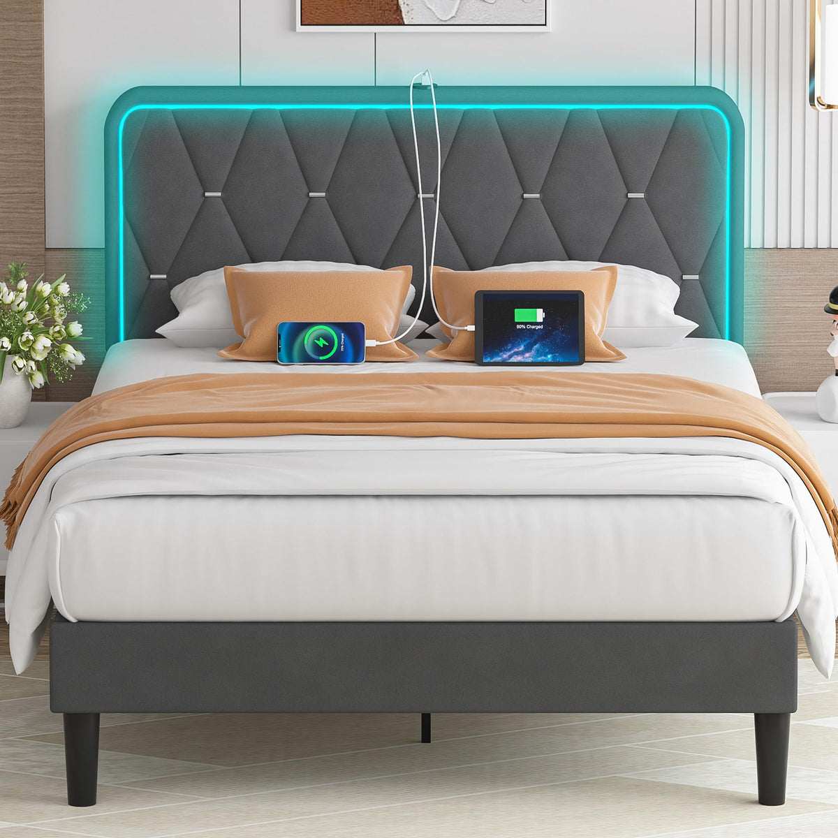 Dark Grey Velvet Upholstered Queen Bed Frame with Headboard V233