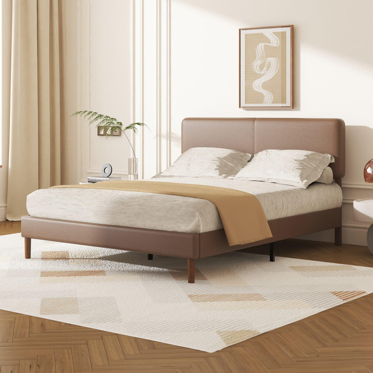 Minimalist Leather Bed Frame with Adjustable Headboard U4809