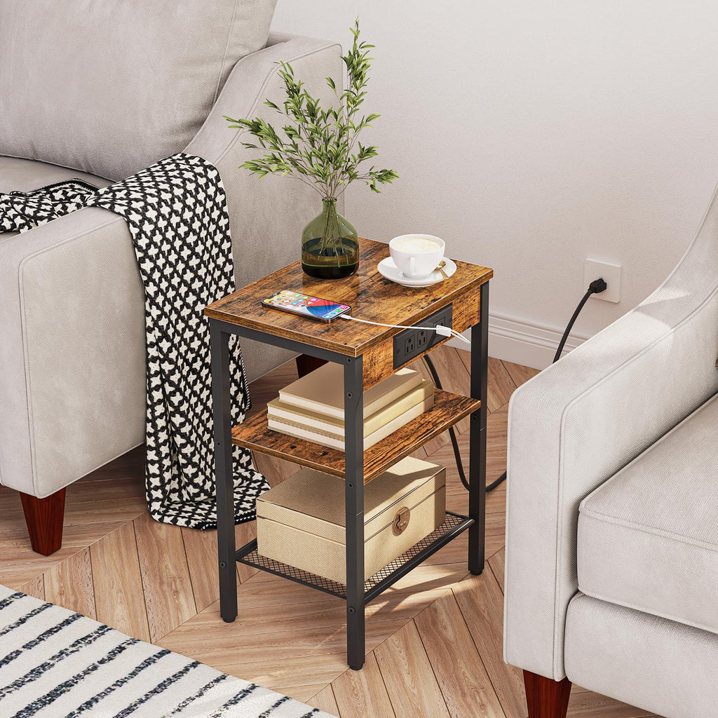 Side Table with Charging Station and USB Port, 3-Tier Nightstand with Adjustable Shelf, Rustic Brown S132
