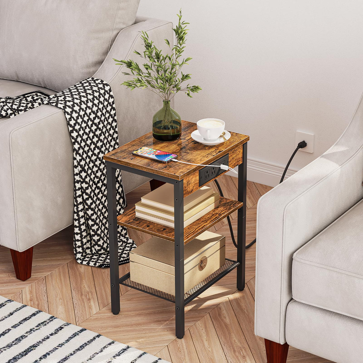 Side Table with Charging Station and USB Port, 3-Tier Nightstand with Adjustable Shelf, Rustic Brown S132