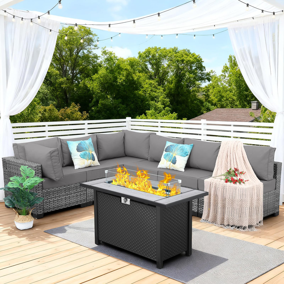 7 Pieces Wicker Patio Furniture Set with Fire Pit Table C7216