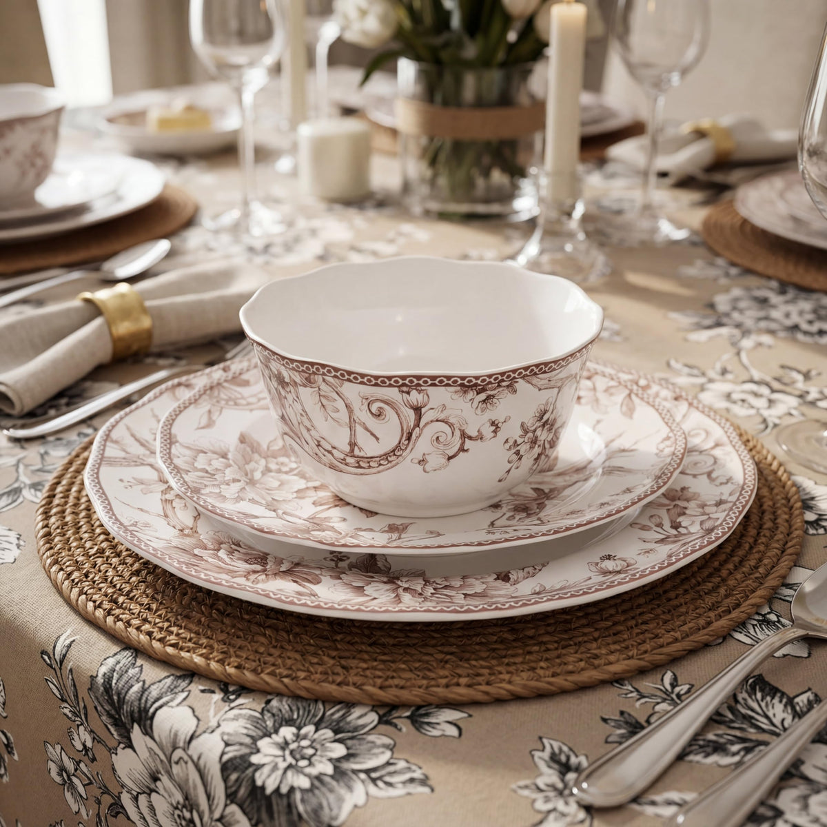 Brown on White 12-Piece Porcelain Dinnerware Set M334