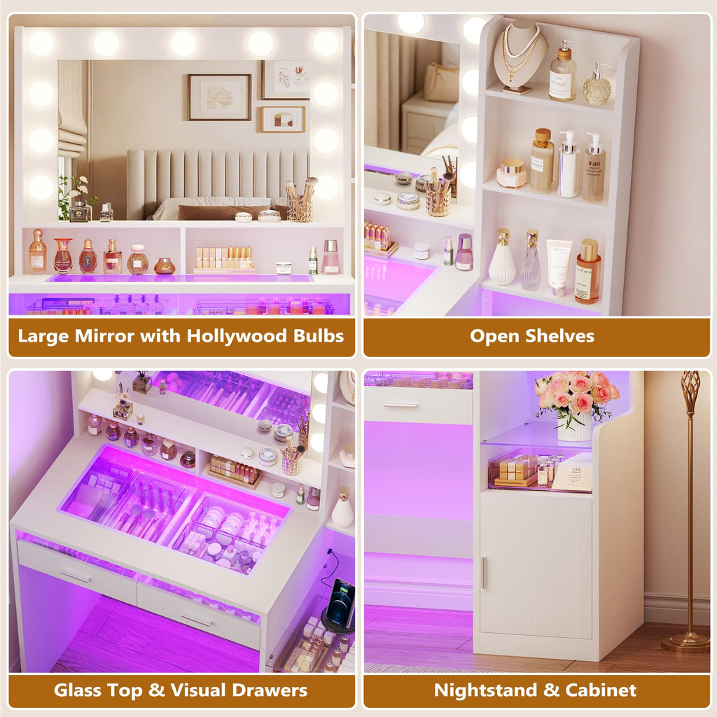 White Vanity Desk with Mirror and Lights D695