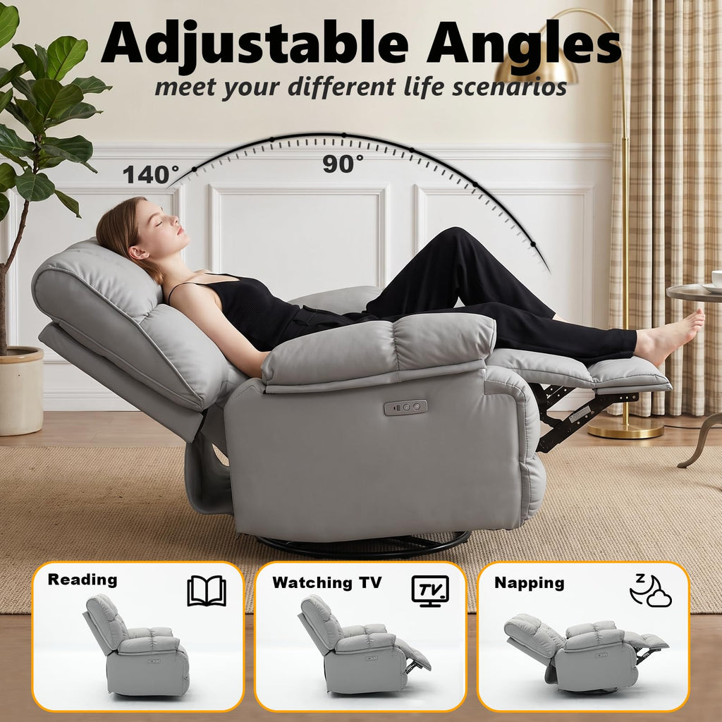 Oversized Gray Leather Power Swivel Rocker Recliner F26428