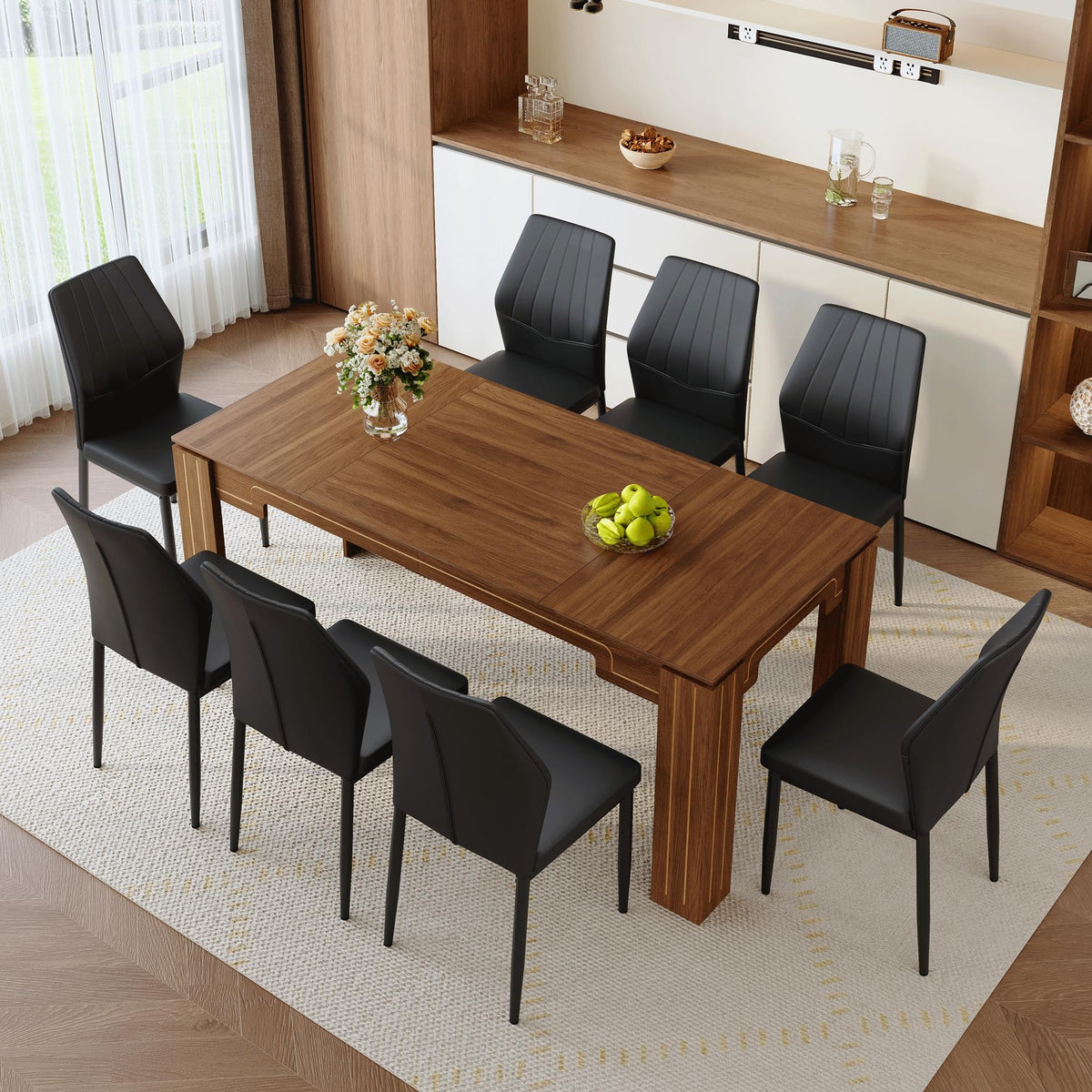 71" Farmhouse Dining Table Set for 8 with PU Leather Chairs E4525
