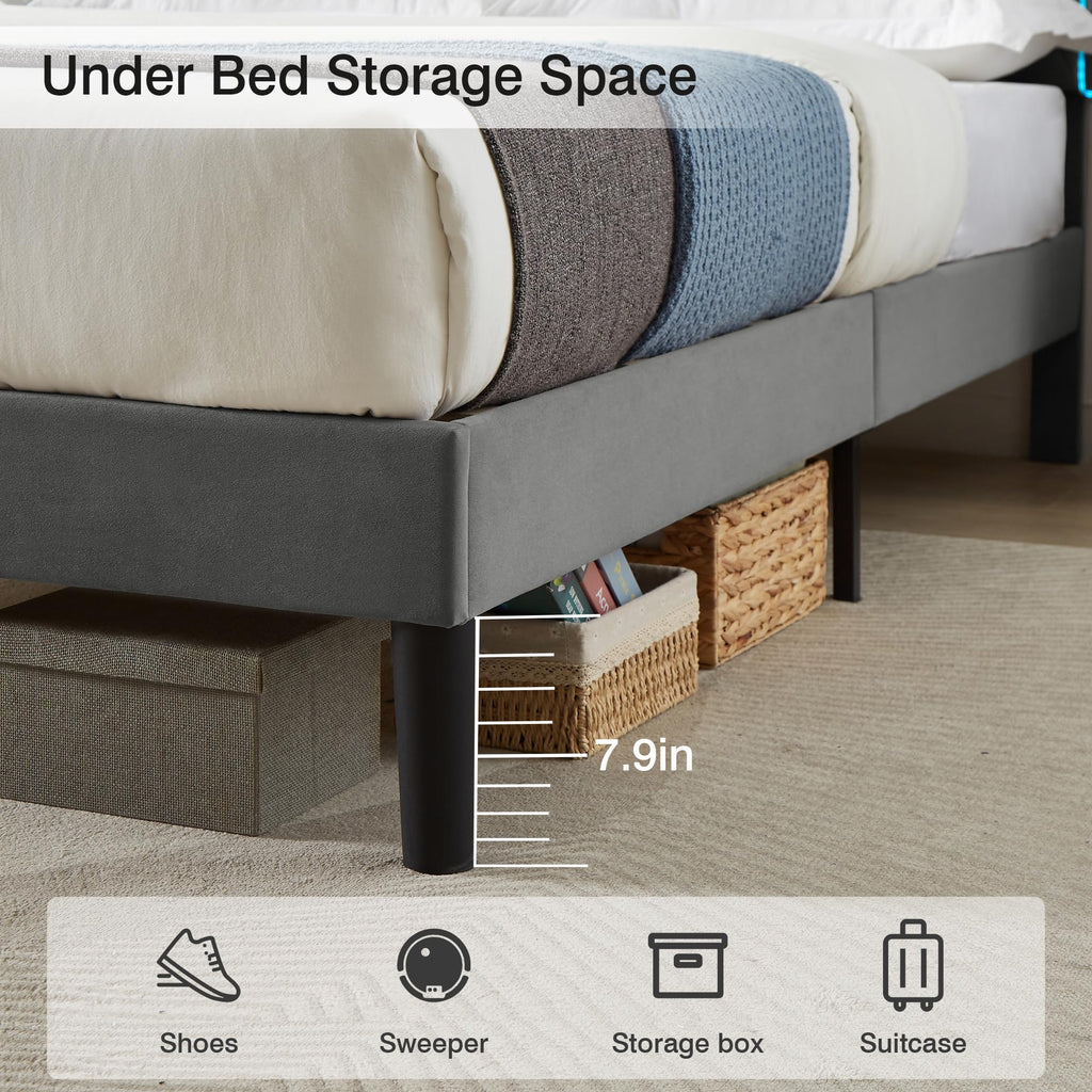 Dark Grey Velvet Upholstered Queen Bed Frame with Headboard V233
