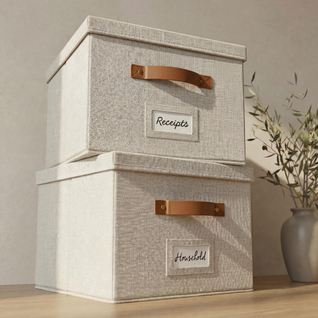 Collapsible Linen File Organizer Box Set of 2 D837
