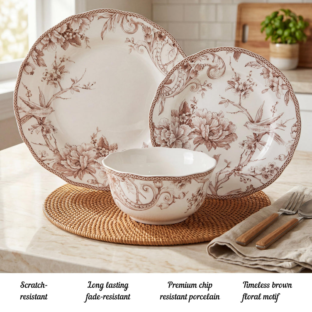 Brown on White 12-Piece Porcelain Dinnerware Set M334