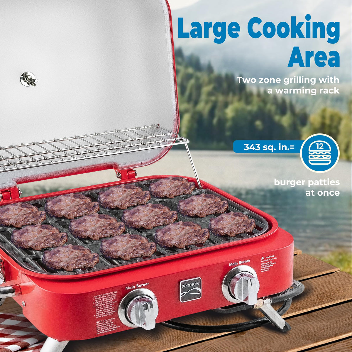 Portable Propane Gas Grill with Warming Rack, 2 Stainless Steel Burners, 14,000 BTUs, Red M3188