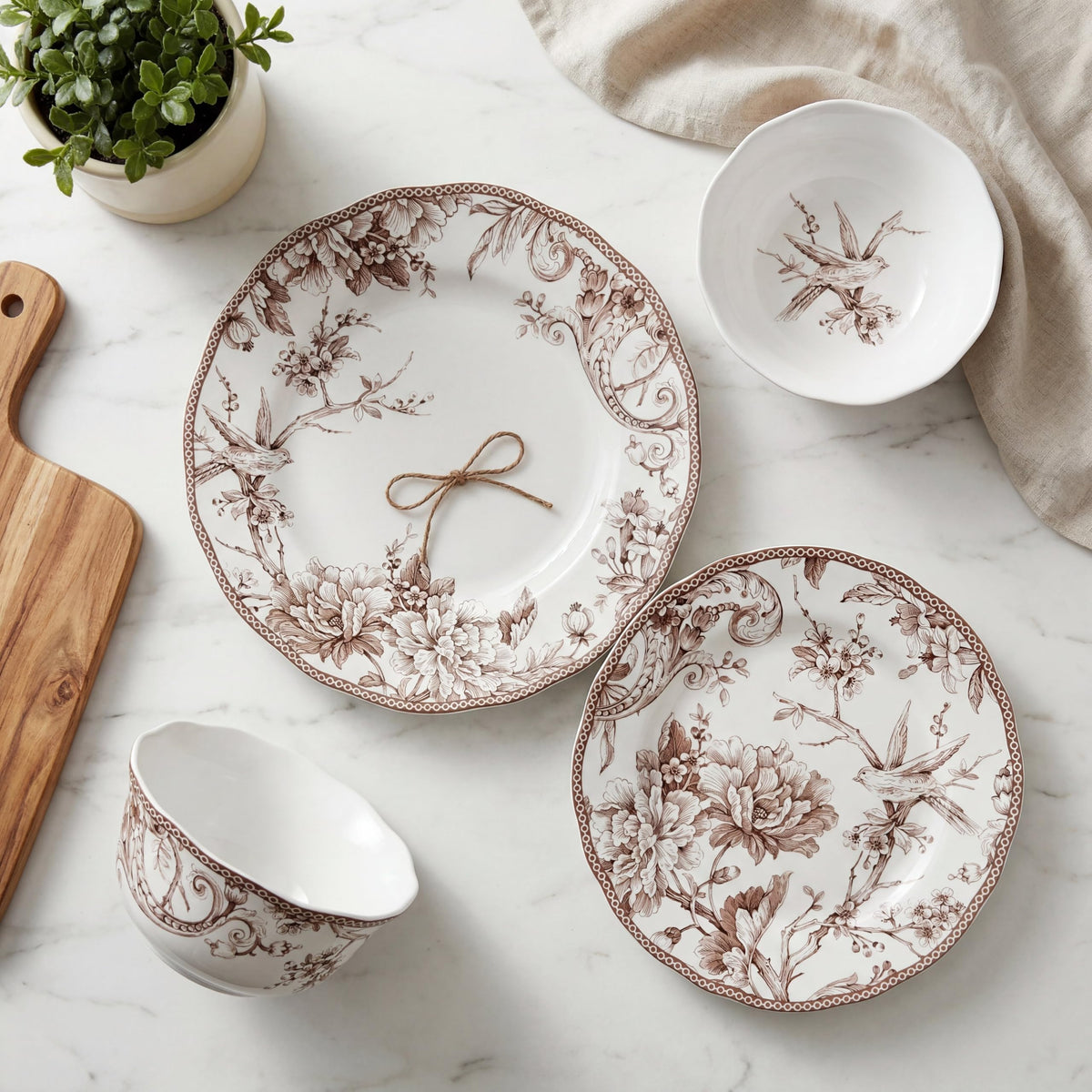 Brown on White 12-Piece Porcelain Dinnerware Set M334